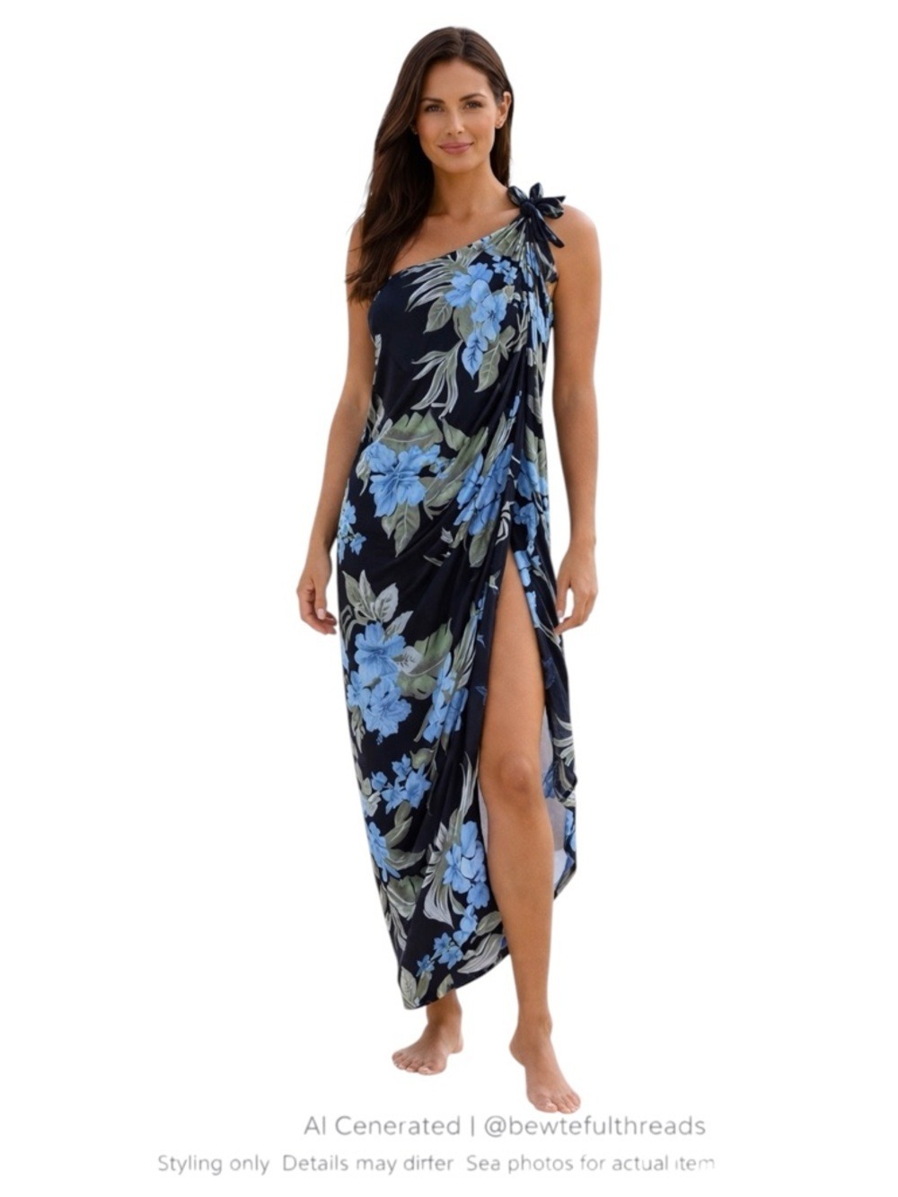 Tropical Vacation Blue Floral Sarong Wrap Rayon Resort Beach Cover-Up OS